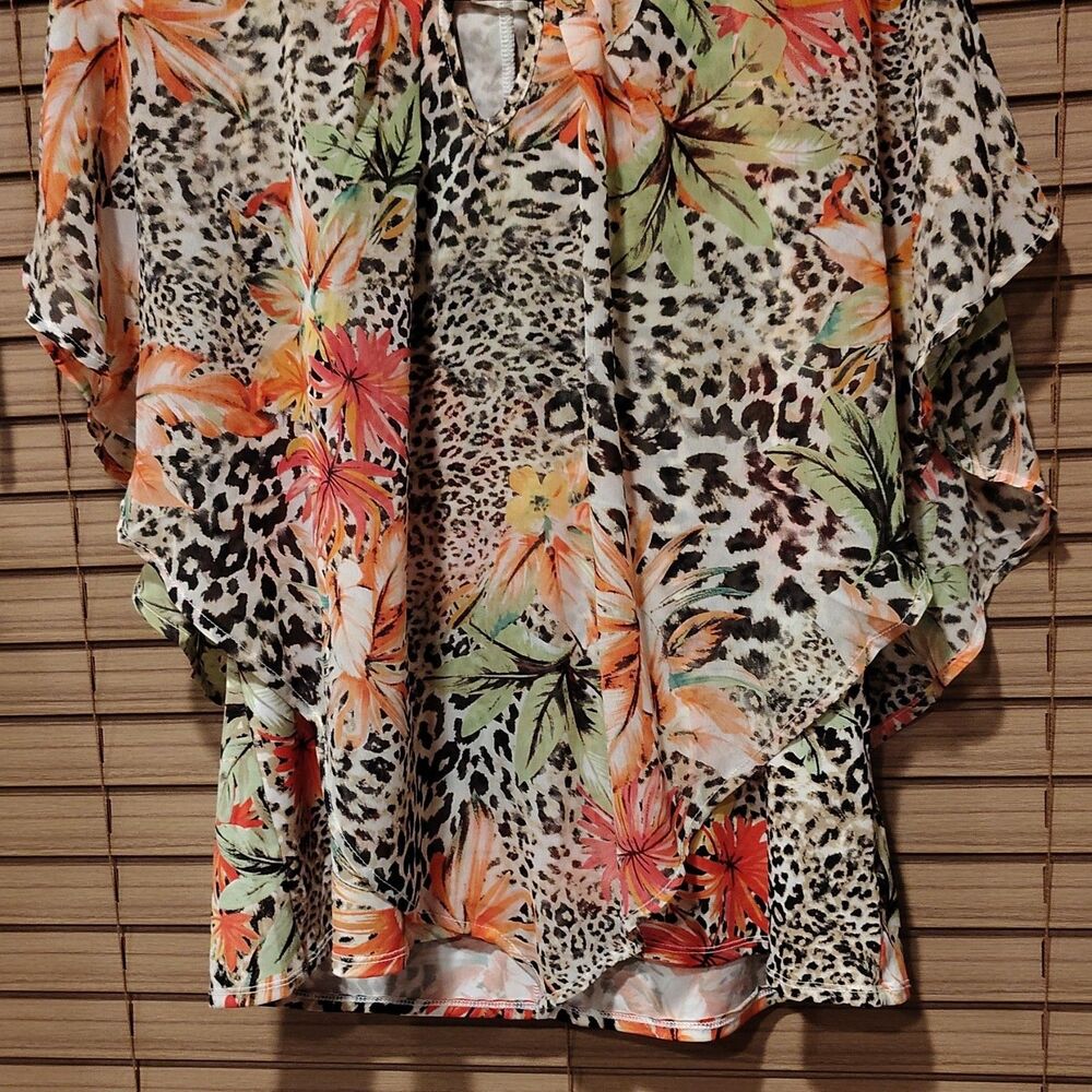 Multicolor Chiffon V-Neck Floral Animal Print Kimono Sleeve Tunic Blouse